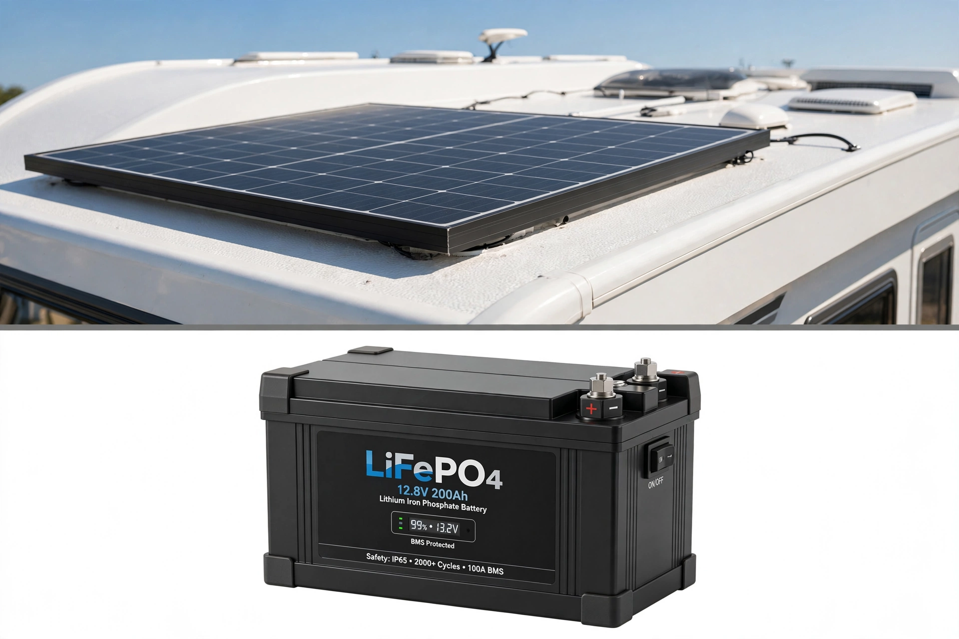 LiFePO4 Lithium-Batterie und Solarpanel